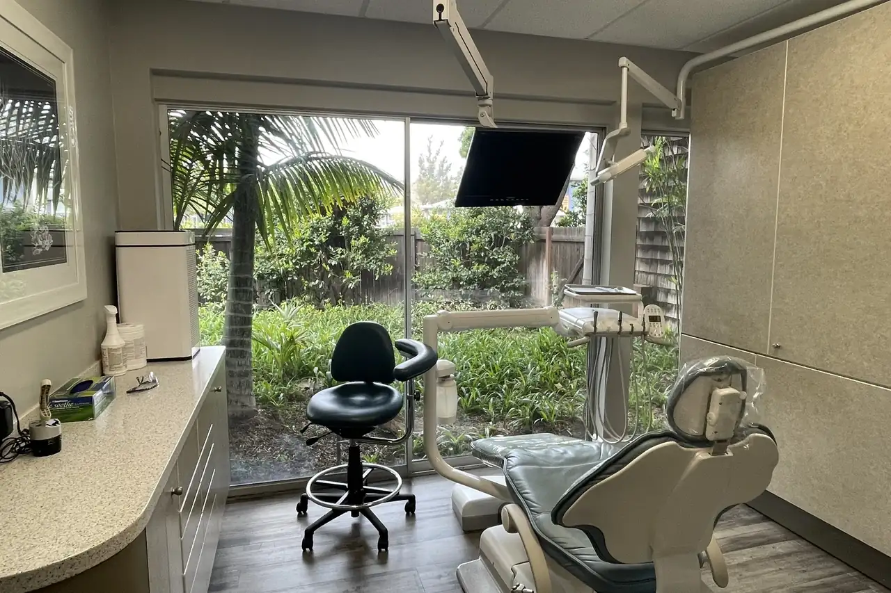 A treatment room at Dentistry in Paradise in Santa Barbara, with palms outside the window.